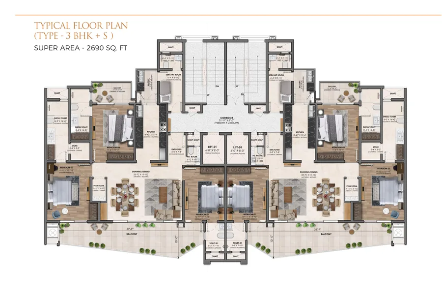 Vamana Arvindam 3 BHK plus servant room typical floor plan
